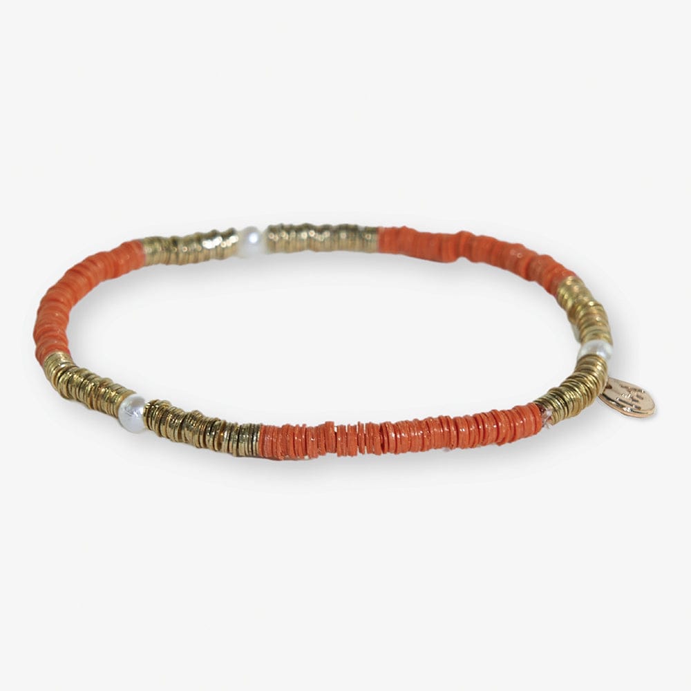 Rory Solid Color With Gold And Pearls Small Sequin Stretch Bracelet Coral