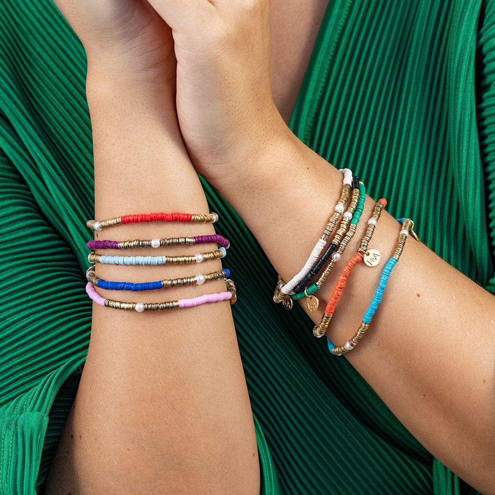 Rory Solid Color With Gold And Pearls Small Sequin Stretch Bracelet Emerald Stretch