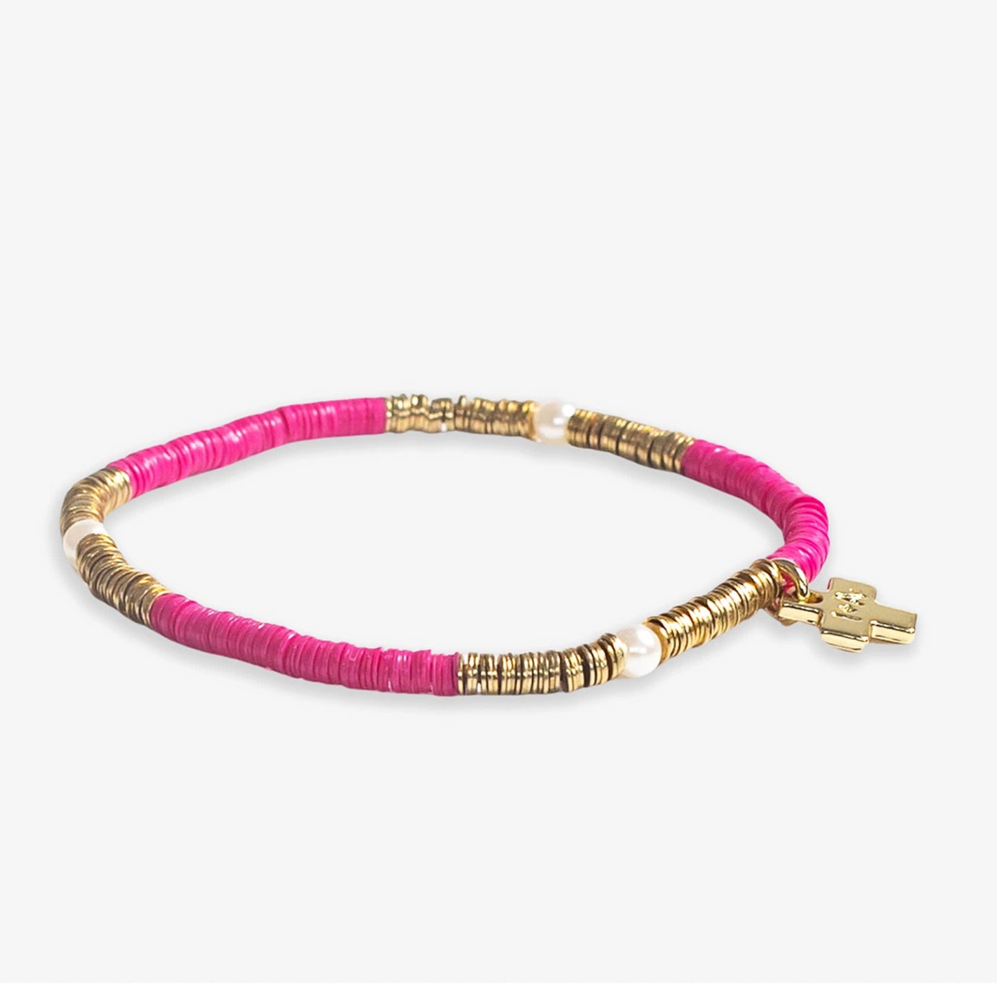 Rory Solid Color With Gold And Pearls Small Sequin Stretch Bracelet Hot Pink