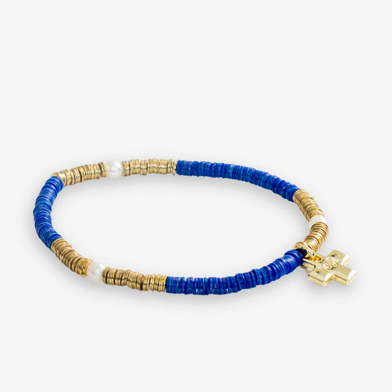 Rory Solid Color With Gold And Pearls Small Sequin Stretch Bracelet Lapis