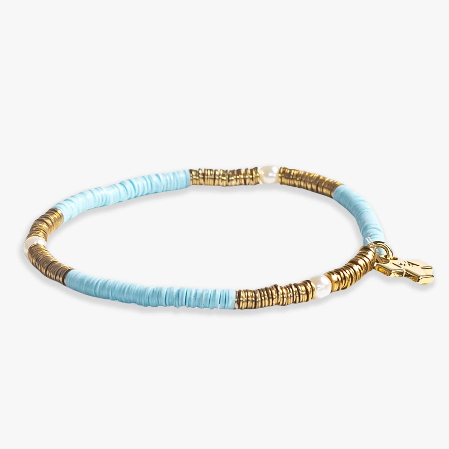 Rory Solid Color With Gold And Pearls Small Sequin Stretch Bracelet Light Blue