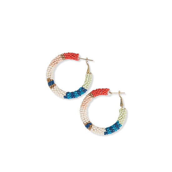 Load image into Gallery viewer, Rosemary Color Block and Stripe Beaded Hoop Earrings Light Pink and Teal Earrings
