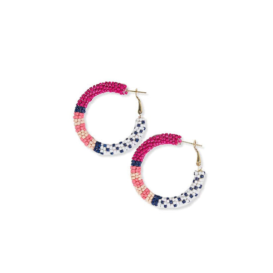 Rosemary Stripe and Dot Beaded Hoop Earrings Pink and Navy Earrings