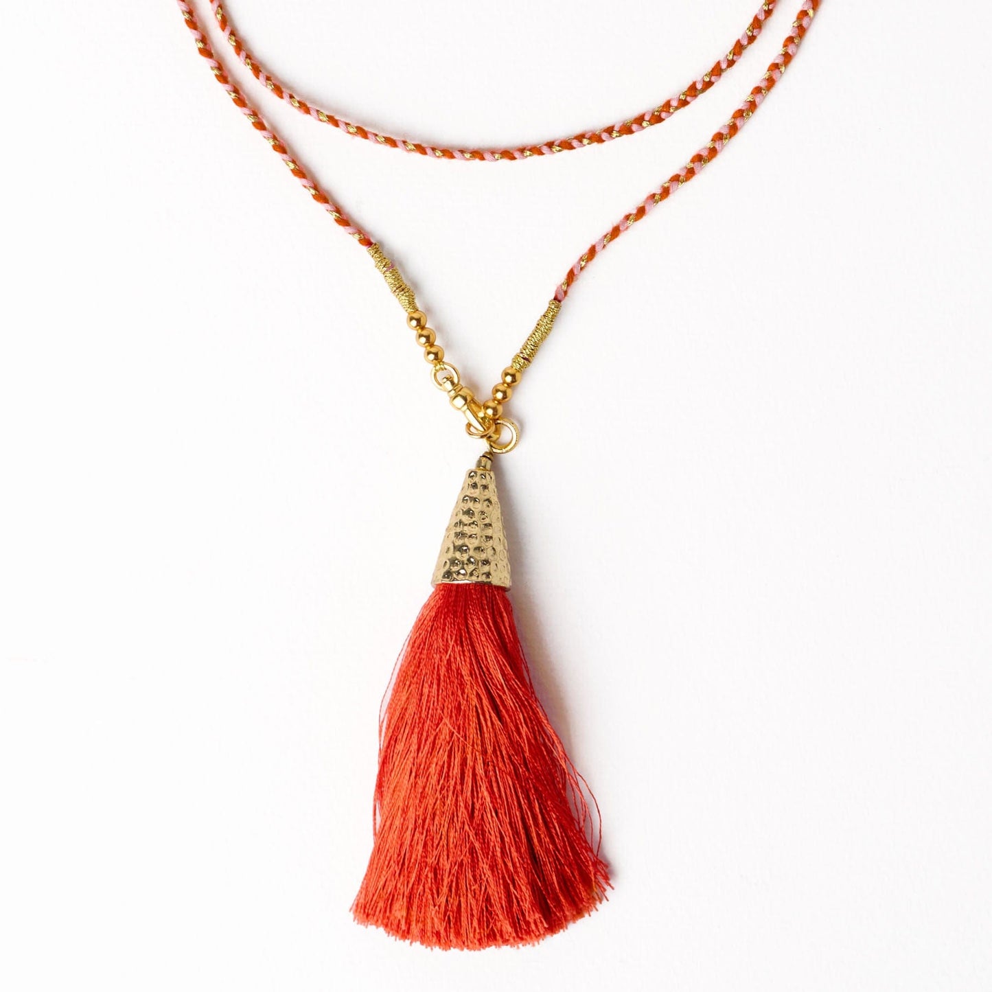 Roxanne Braided Necklace With Tassel Coral + Blush Single Strand