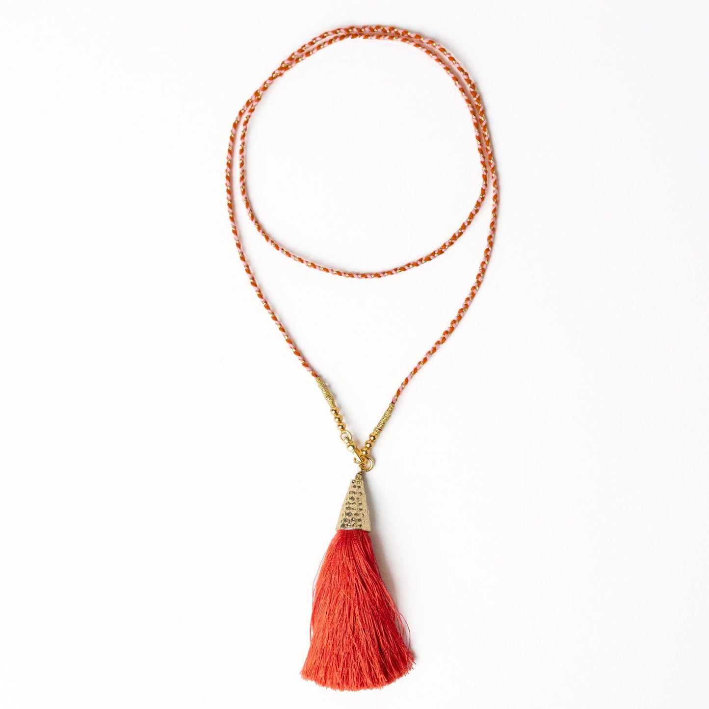 Roxanne Braided Necklace With Tassel Coral + Blush Single Strand