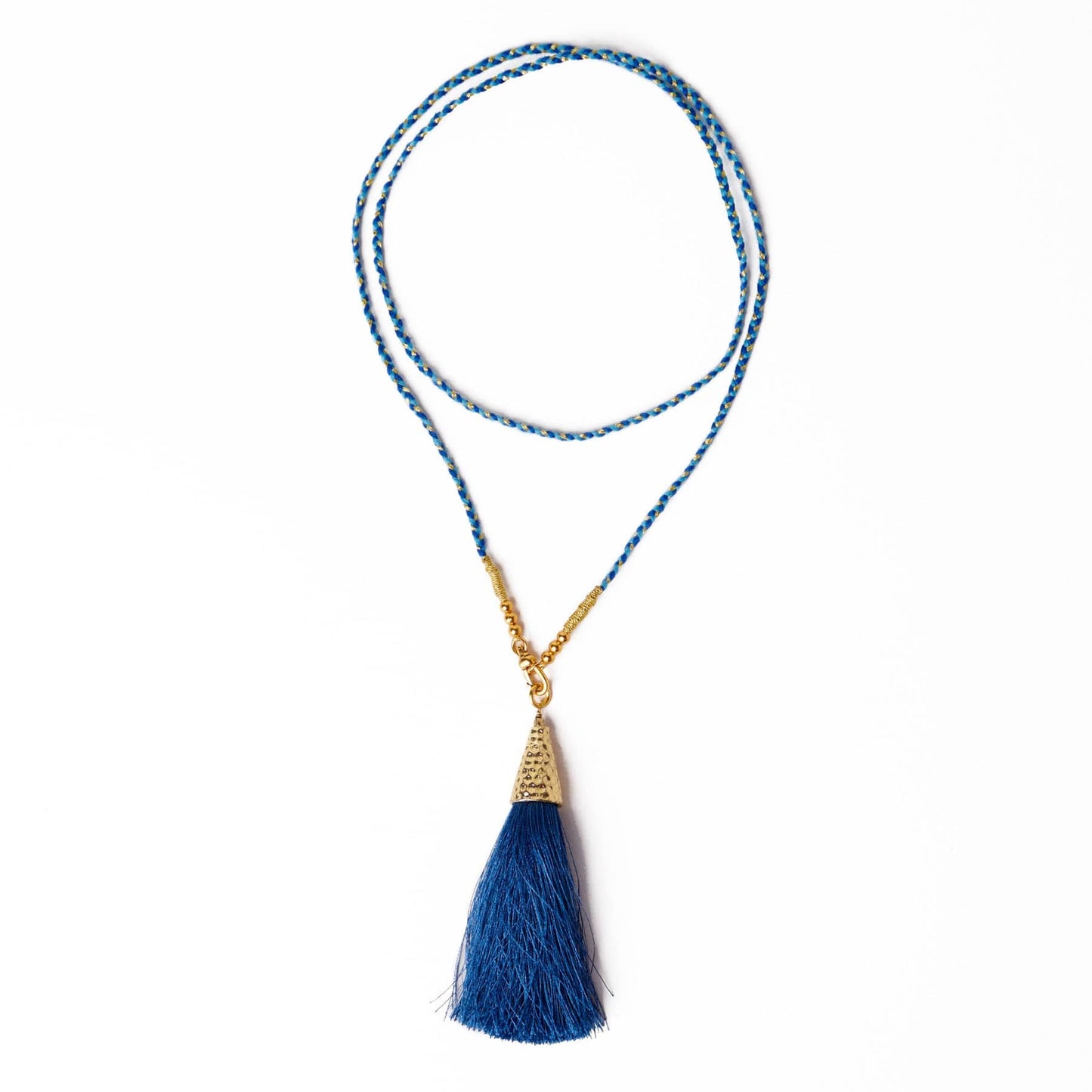 Roxanne Braided Necklace With Tassel Dark Blue + Light Blue Single Strand