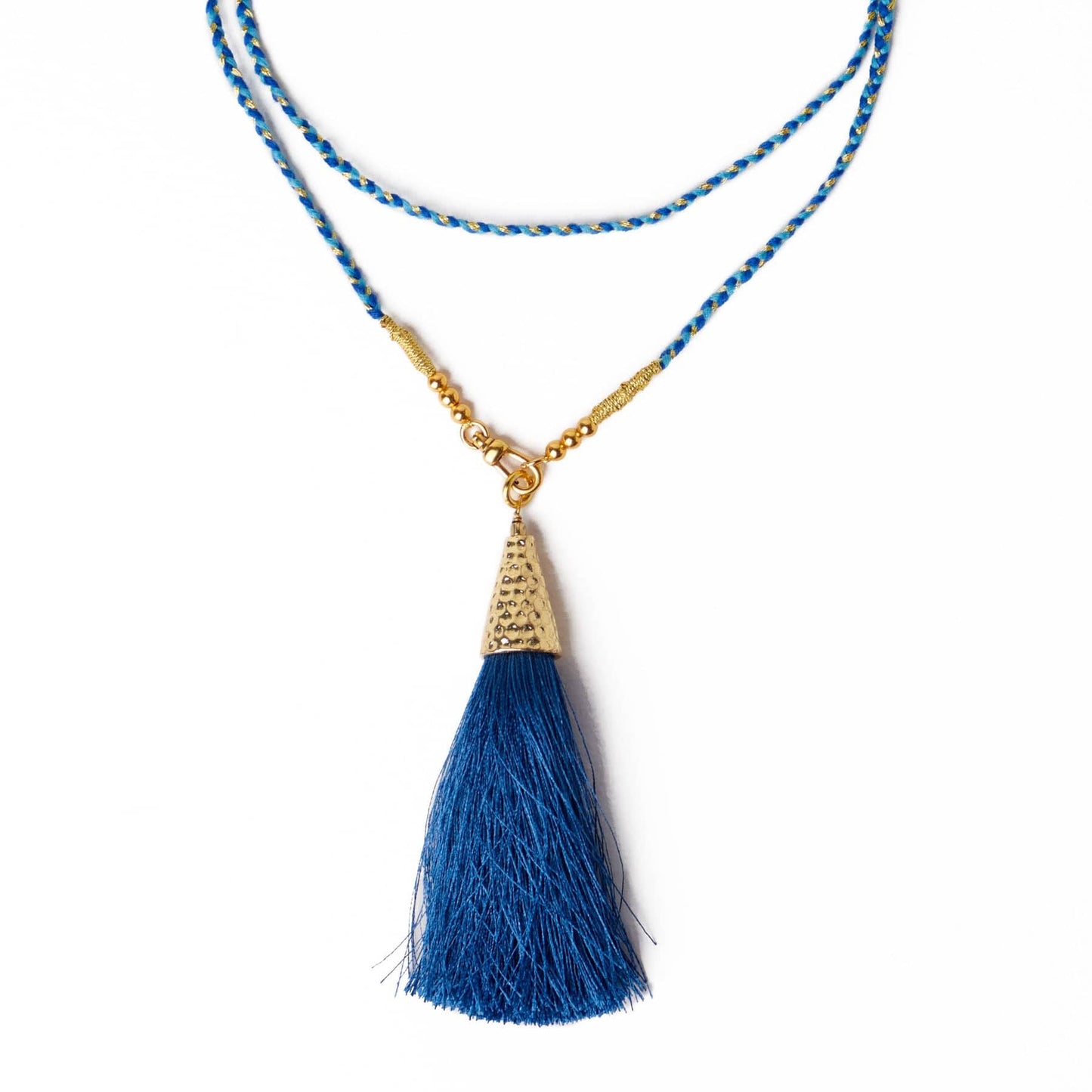 Roxanne Braided Necklace With Tassel Dark Blue + Light Blue Single Strand