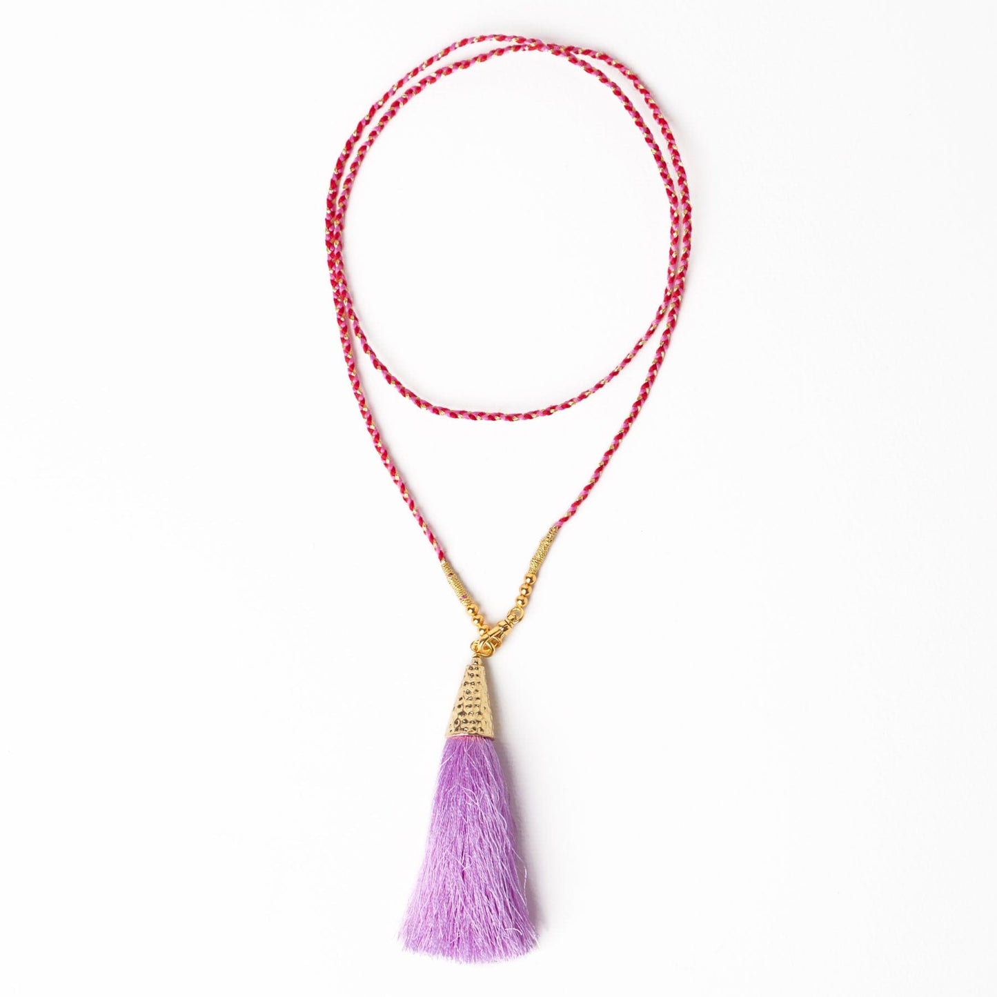 Roxanne Braided Necklace With Tassel Red + Pink Single Strand