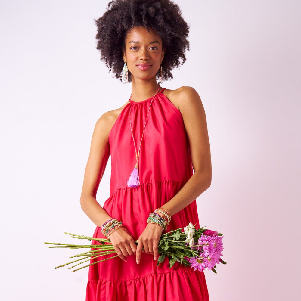 Roxanne Braided Necklace With Tassel Red + Pink Single Strand