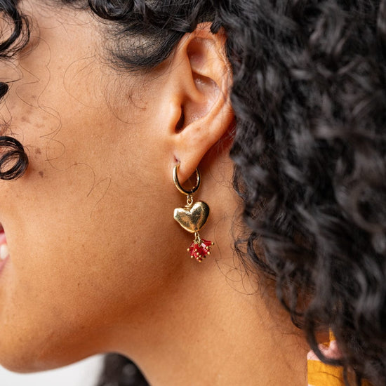 Ruby Small Brass Heart Hoop Earrings Red Drop