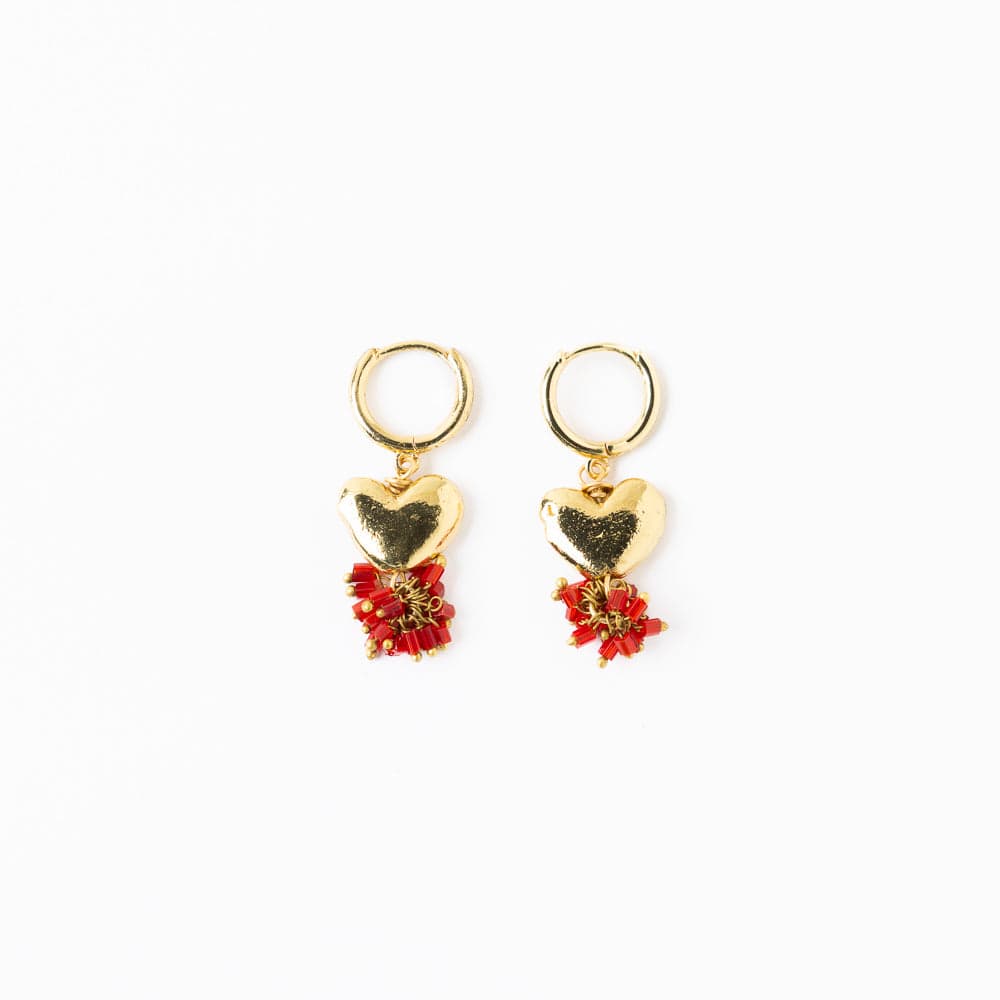 Ruby Small Brass Heart Hoop Earrings Red Drop