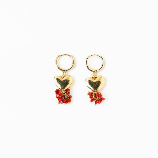 Ruby Small Brass Heart Hoop Earrings Red Drop