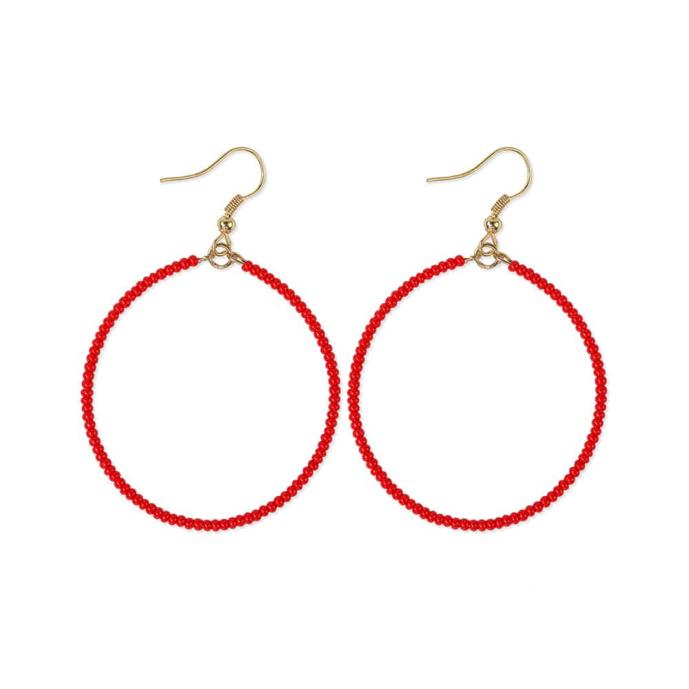 Ruby Solid Beaded Hoop Earrings Tomato Red Earrings