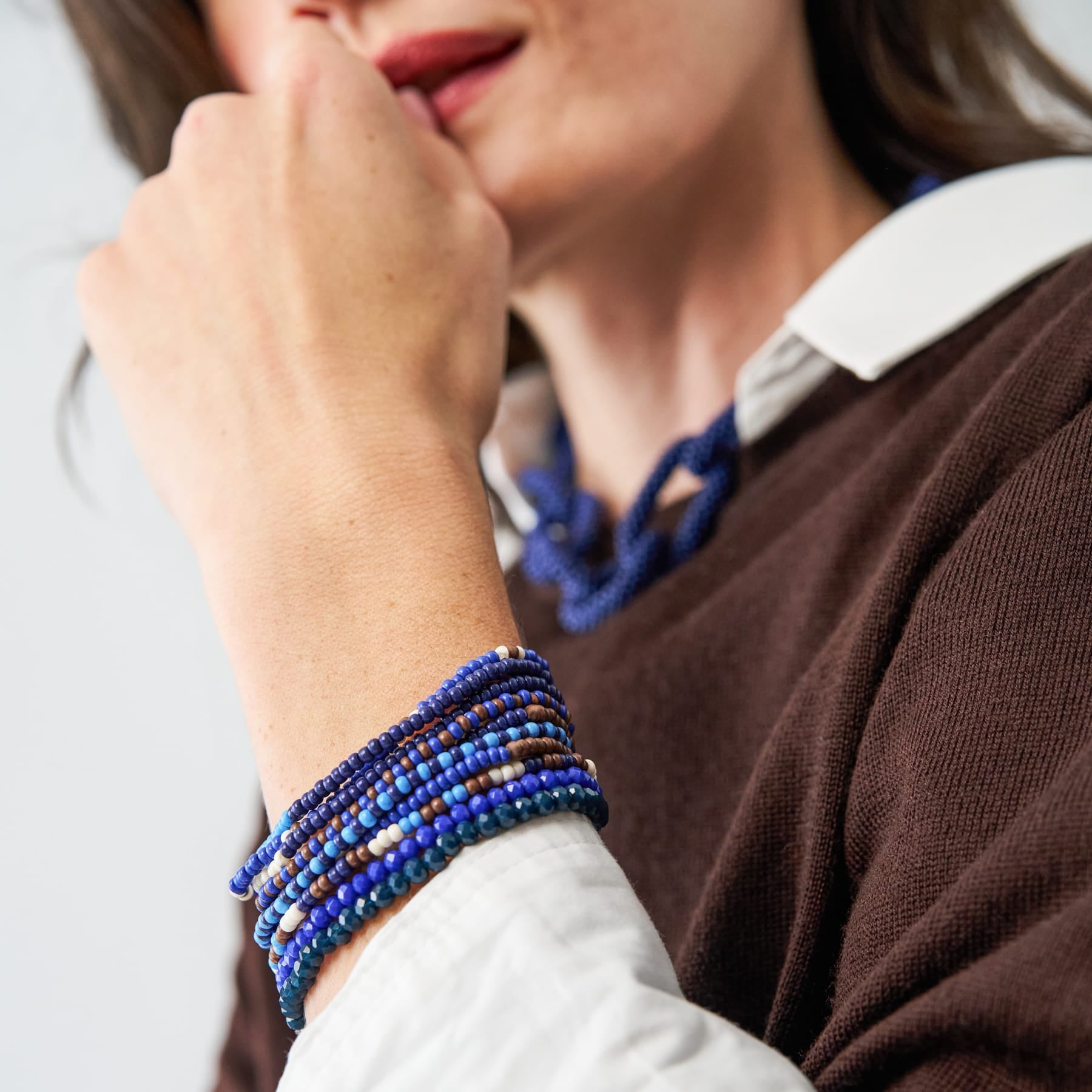 Sage Beaded 10 Strand Stretch Bracelets Brown + Blue Stack