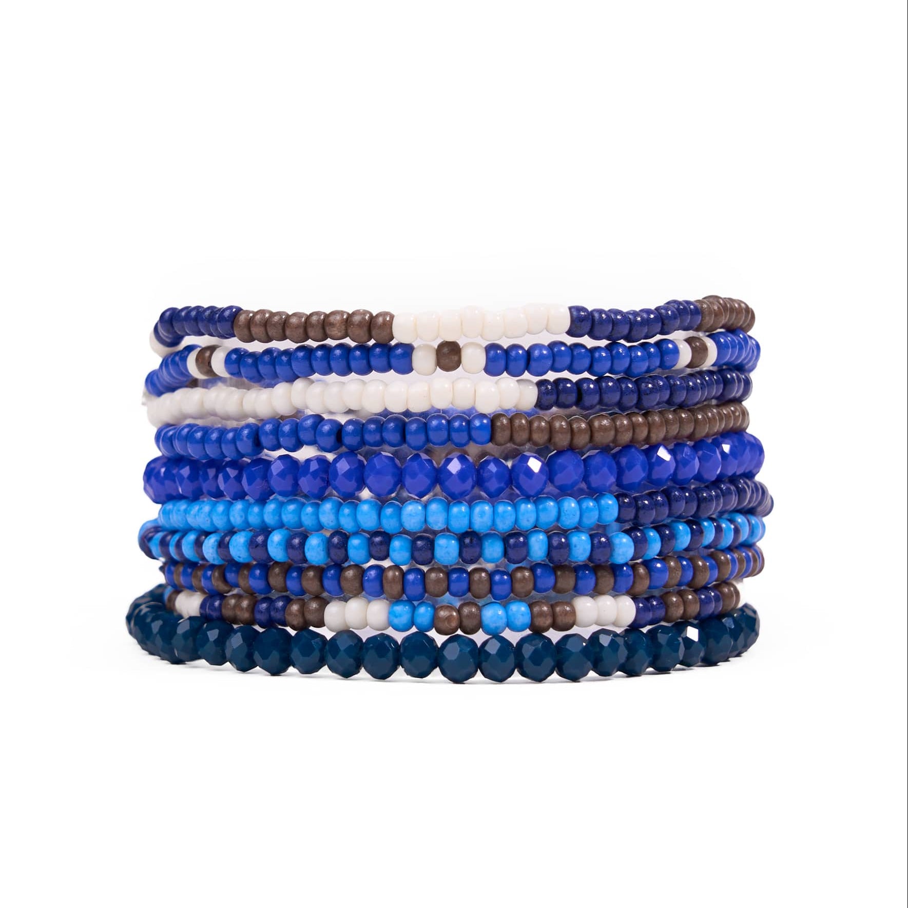 Sage Beaded 10 Strand Stretch Bracelets Brown + Blue Stack