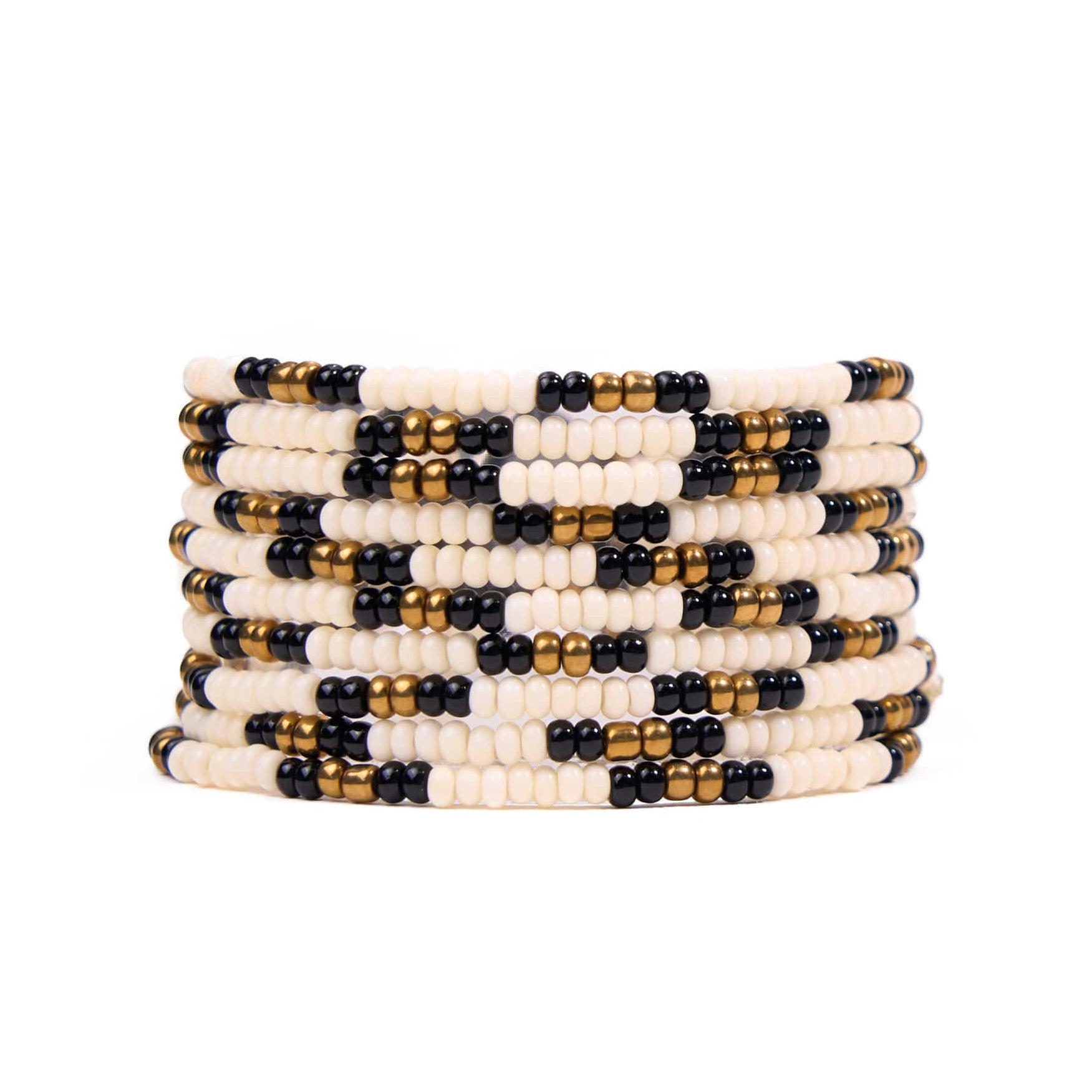 Sage Beaded 10 Strand Stretch Bracelets Gold, Black, + Ivory Stack