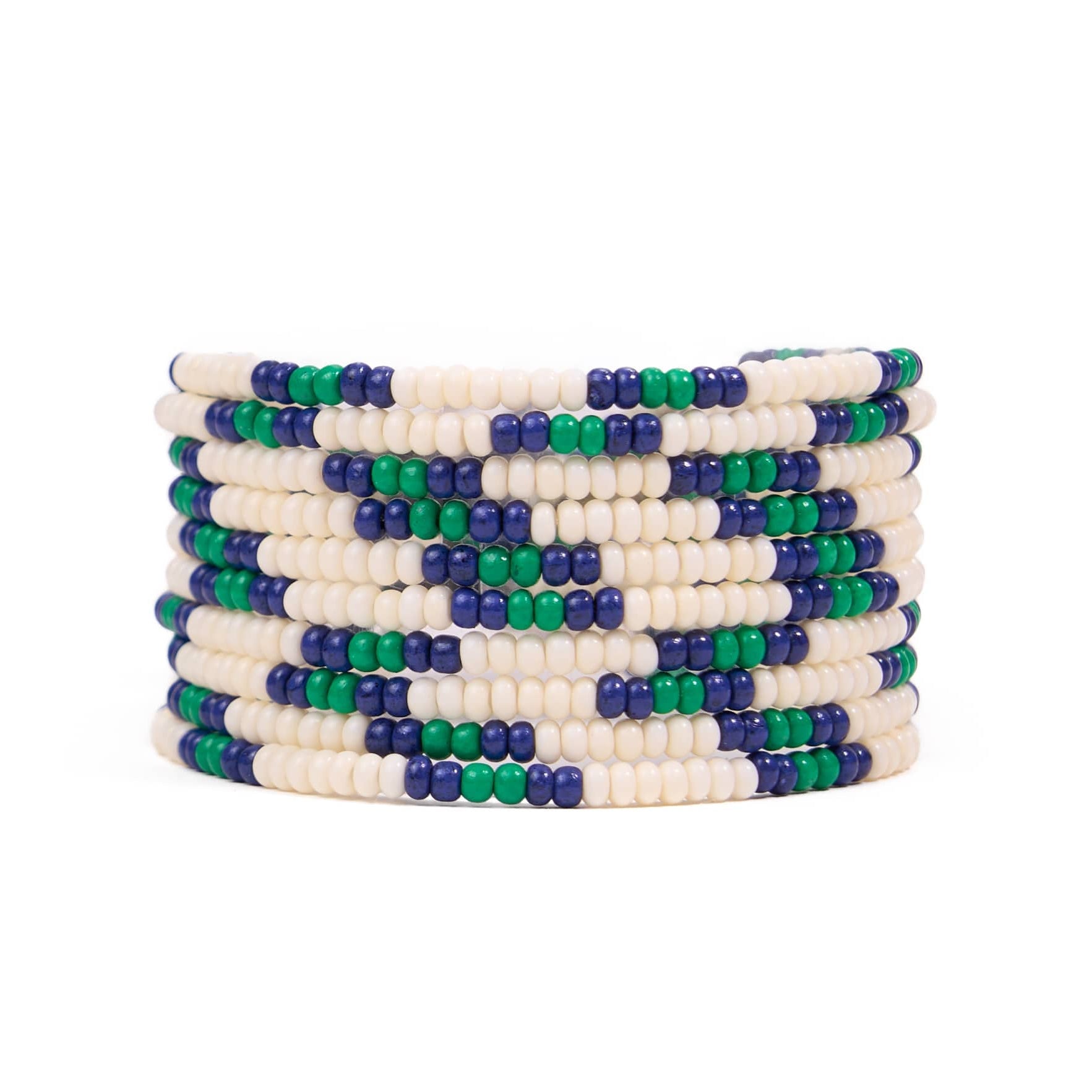 Sage Beaded 10 Strand Stretch Bracelets Ivory, Navy, + Kelly Green Stack