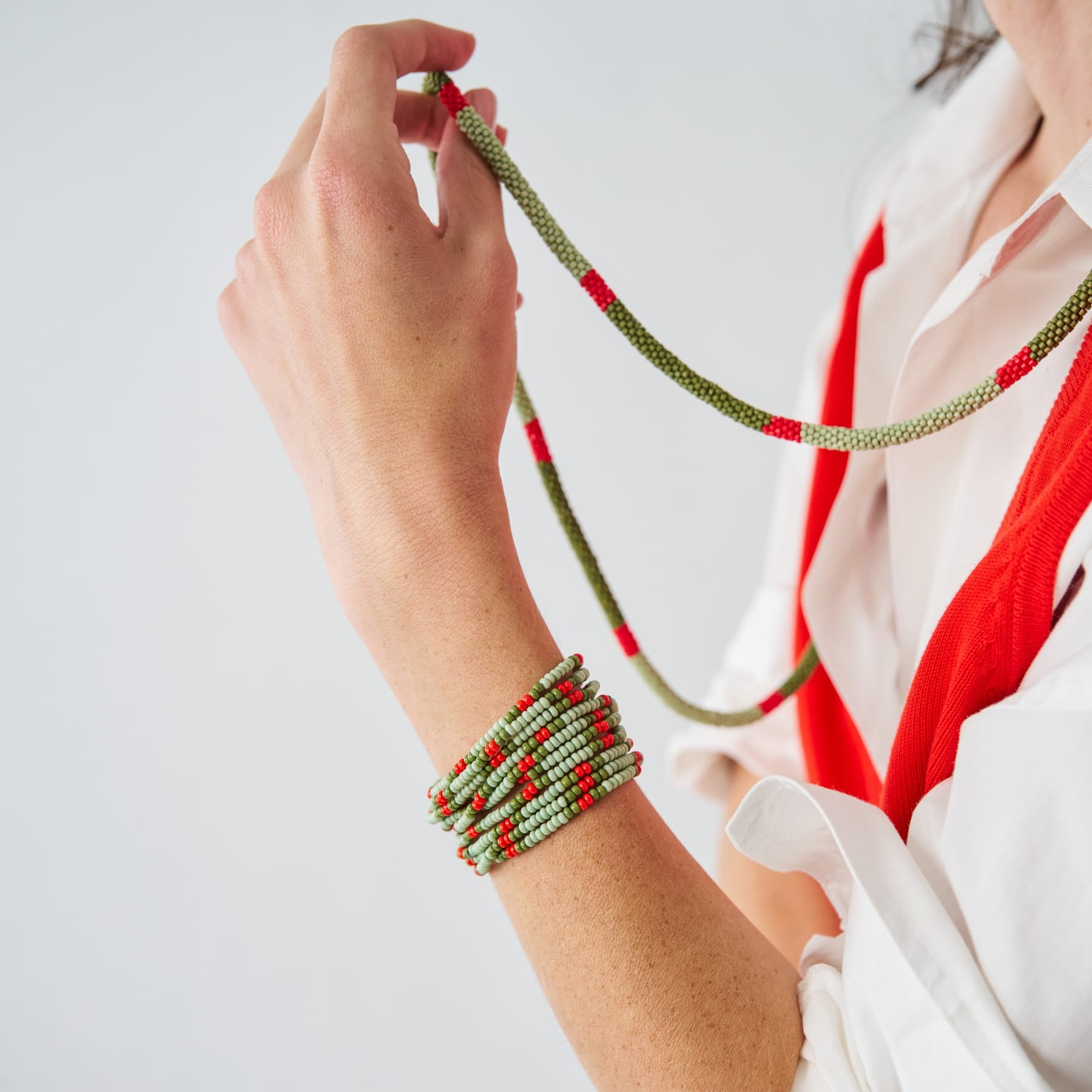 Sage Beaded 10 Strand Stretch Bracelets Olive, Mint, + Red Stack