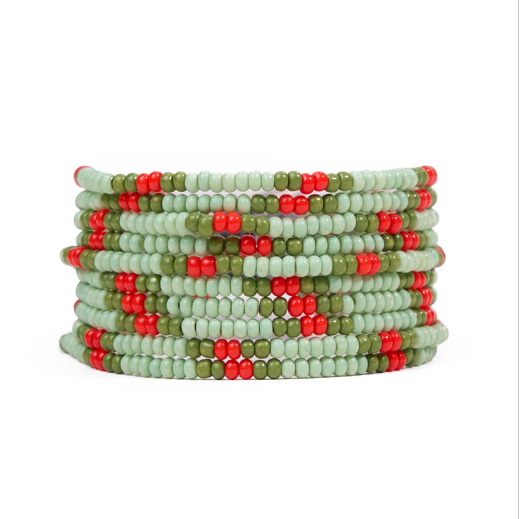 Sage Beaded 10 Strand Stretch Bracelets Olive, Mint, + Red Stack