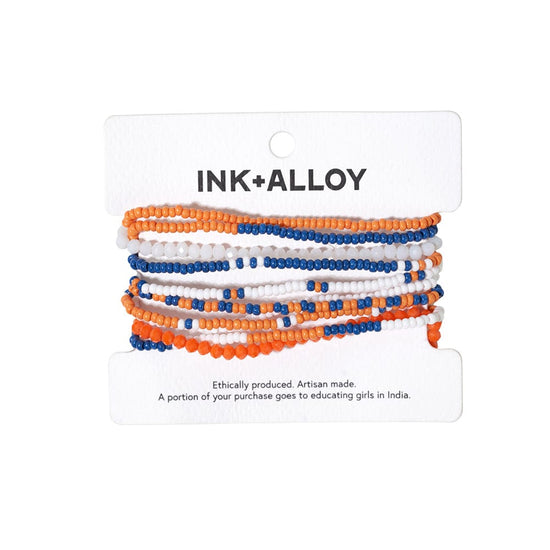 Load image into Gallery viewer, Sage color block beaded 10 strand stretch bracelets blue + orange

