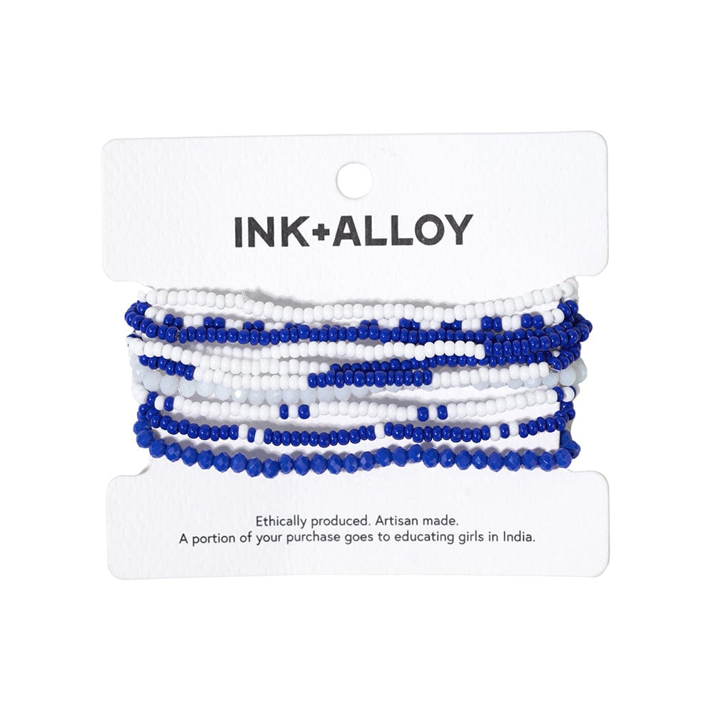 Load image into Gallery viewer, Sage color block beaded 10 strand stretch bracelets blue + white
