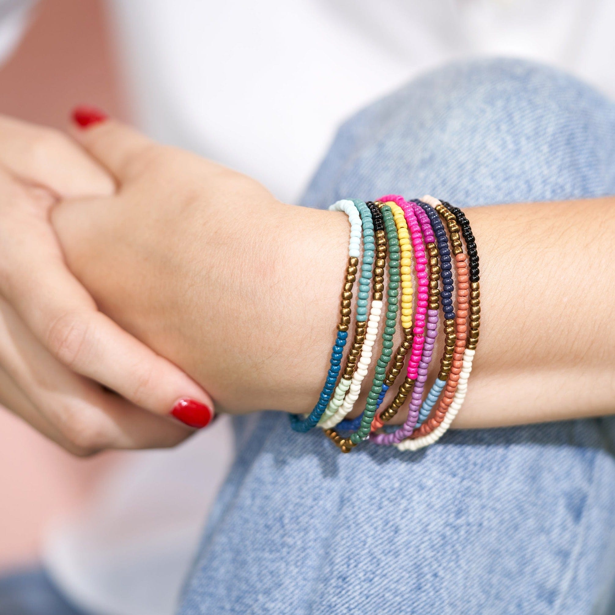 Sage Color Block Beaded 10 Strand Stretch Bracelets Gold Block Bracelet
