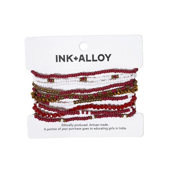 Sage color block beaded 10 strand stretch bracelets gold + dark red