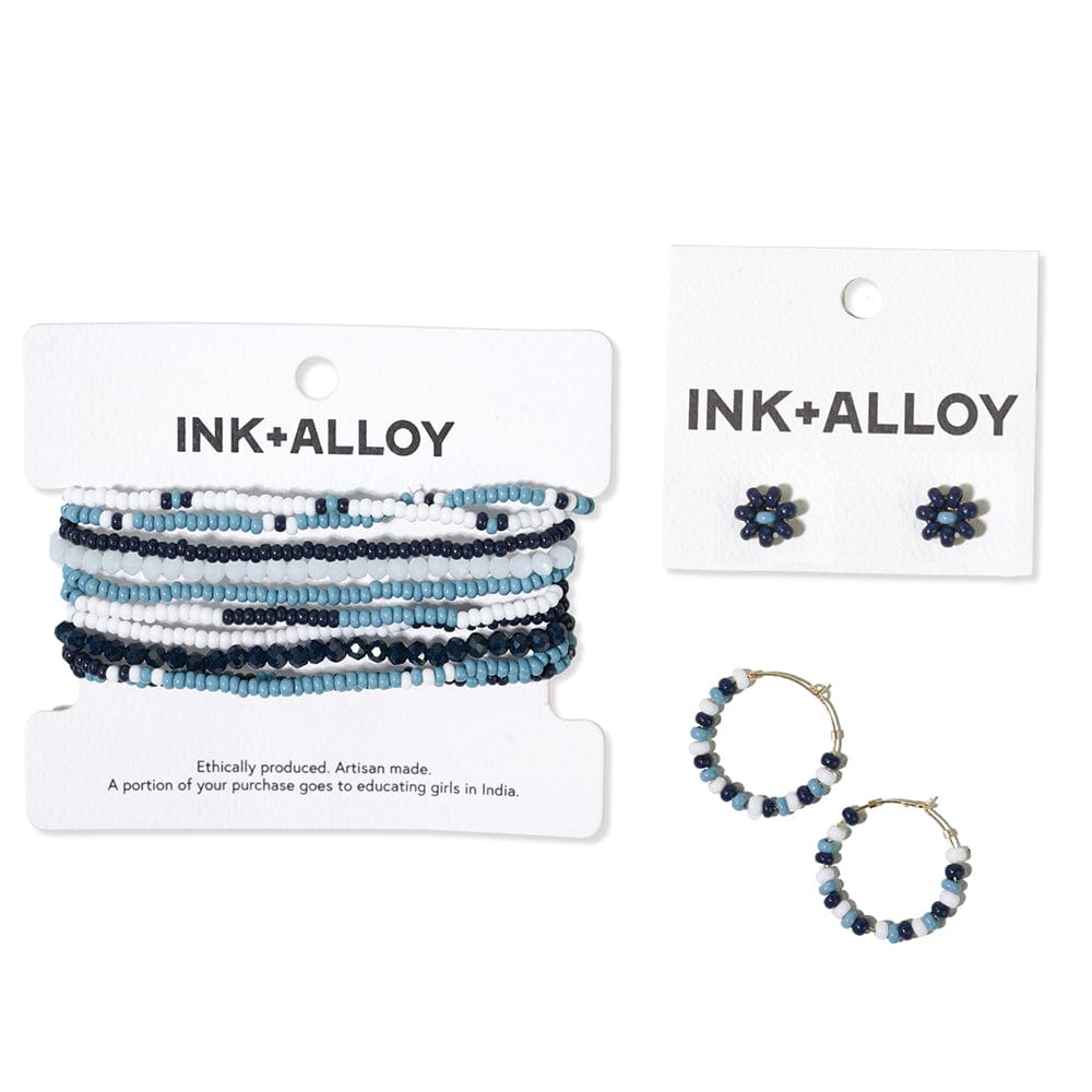Load image into Gallery viewer, Sage color block beaded 10 strand stretch bracelets navy + light blue
