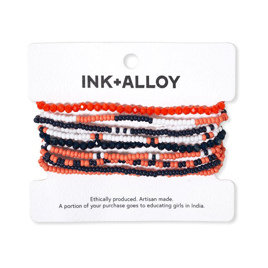 Sage color block beaded 10 strand stretch bracelets navy + orange
