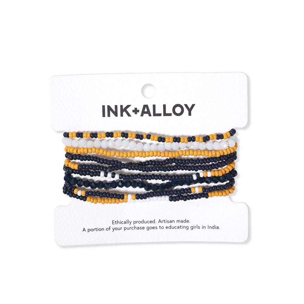 Sage color block beaded 10 strand stretch bracelets navy + yellow