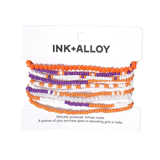 Sage color block beaded 10 strand stretch bracelets orange + purple