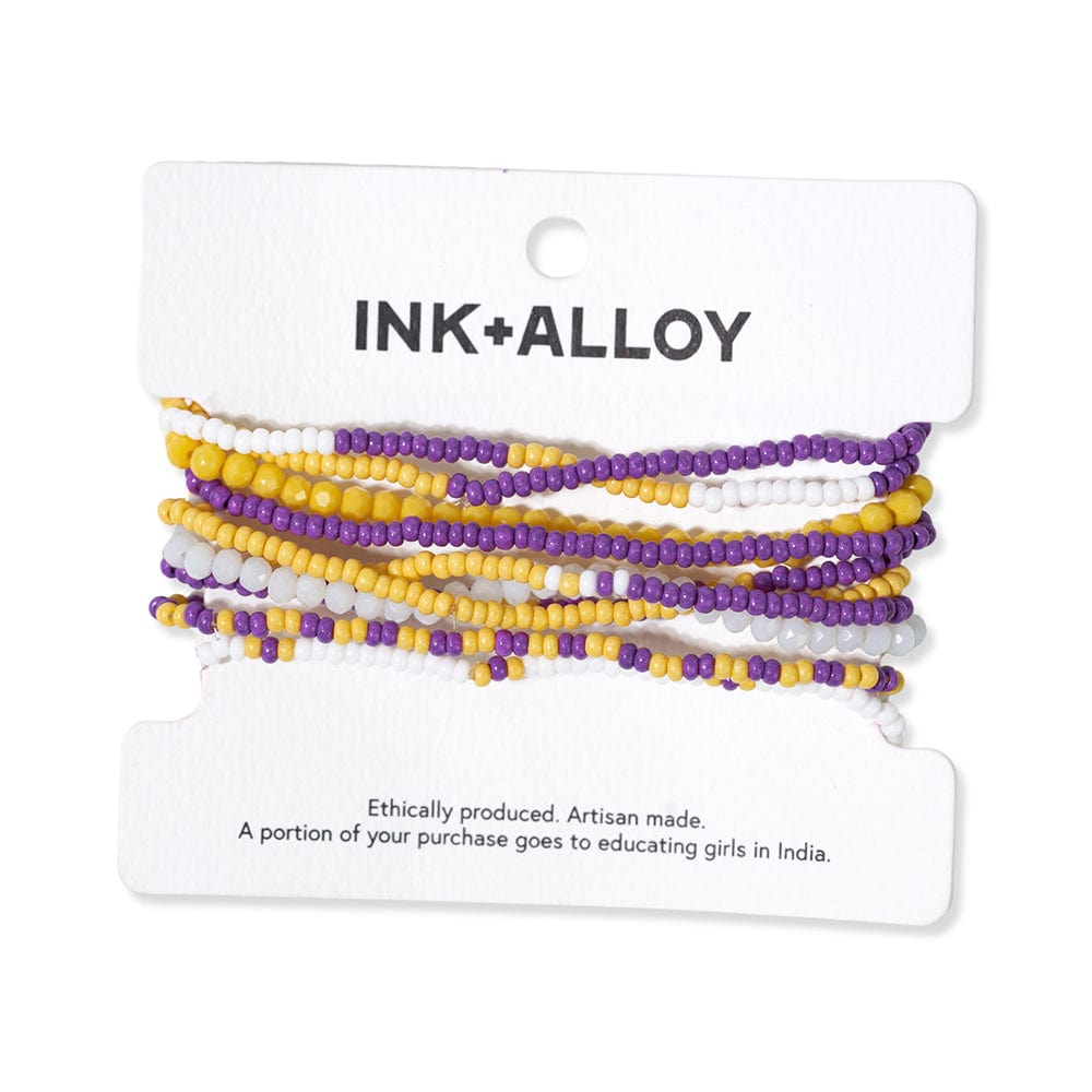 Sage color block beaded 10 strand stretch bracelets purple + yellow