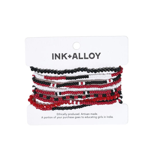 Sage color block beaded 10 strand stretch bracelets red + black