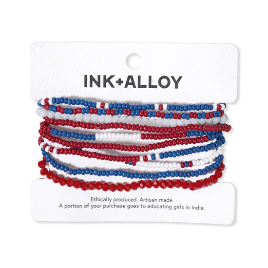 Load image into Gallery viewer, Sage color block beaded 10 strand stretch bracelets red + blue Bracelet
