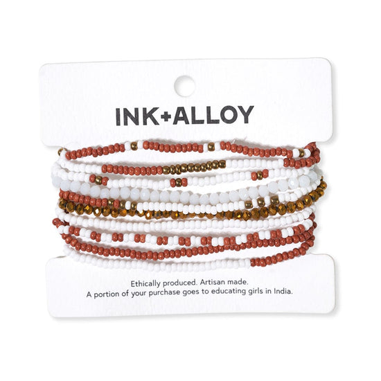 Load image into Gallery viewer, Sage color block beaded 10 strand stretch bracelets rust + white
