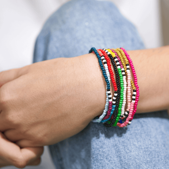 Sage Color Block with Stripe Beaded 10 Strand Stretch Bracelets Stack