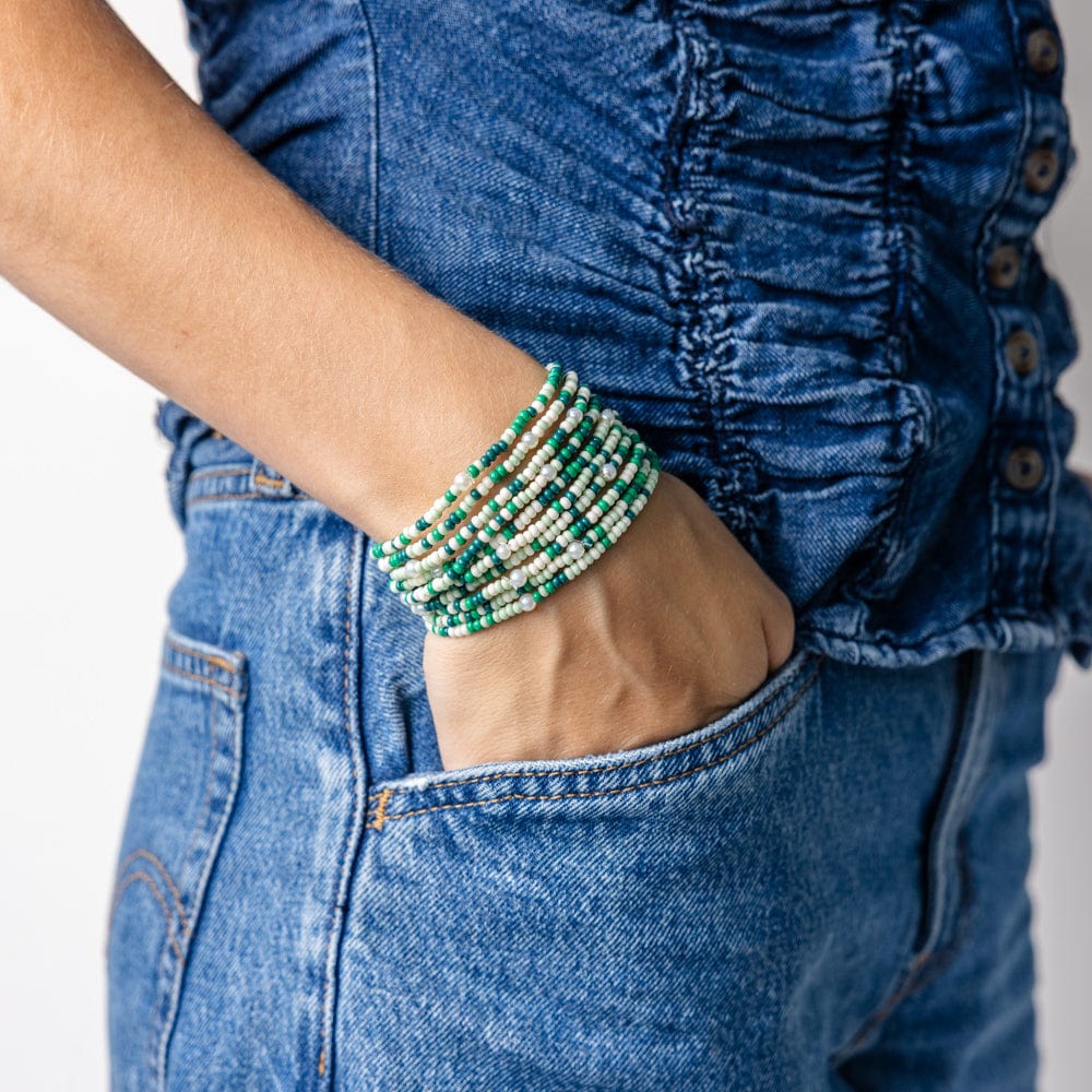 Sage Confetti Beaded 10 Strand Stretch Bracelets Green Stack