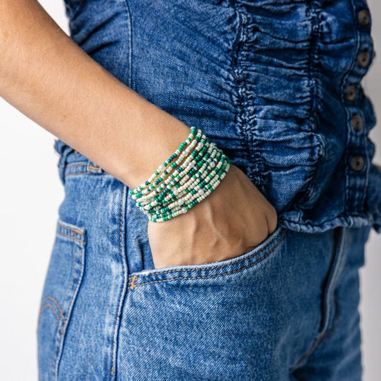Sage Confetti Beaded 10 Strand Stretch Bracelets Green Stack