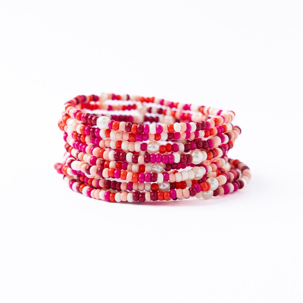 Sage Confetti Beaded 10-Strand Stretch Bracelets Pink Stack