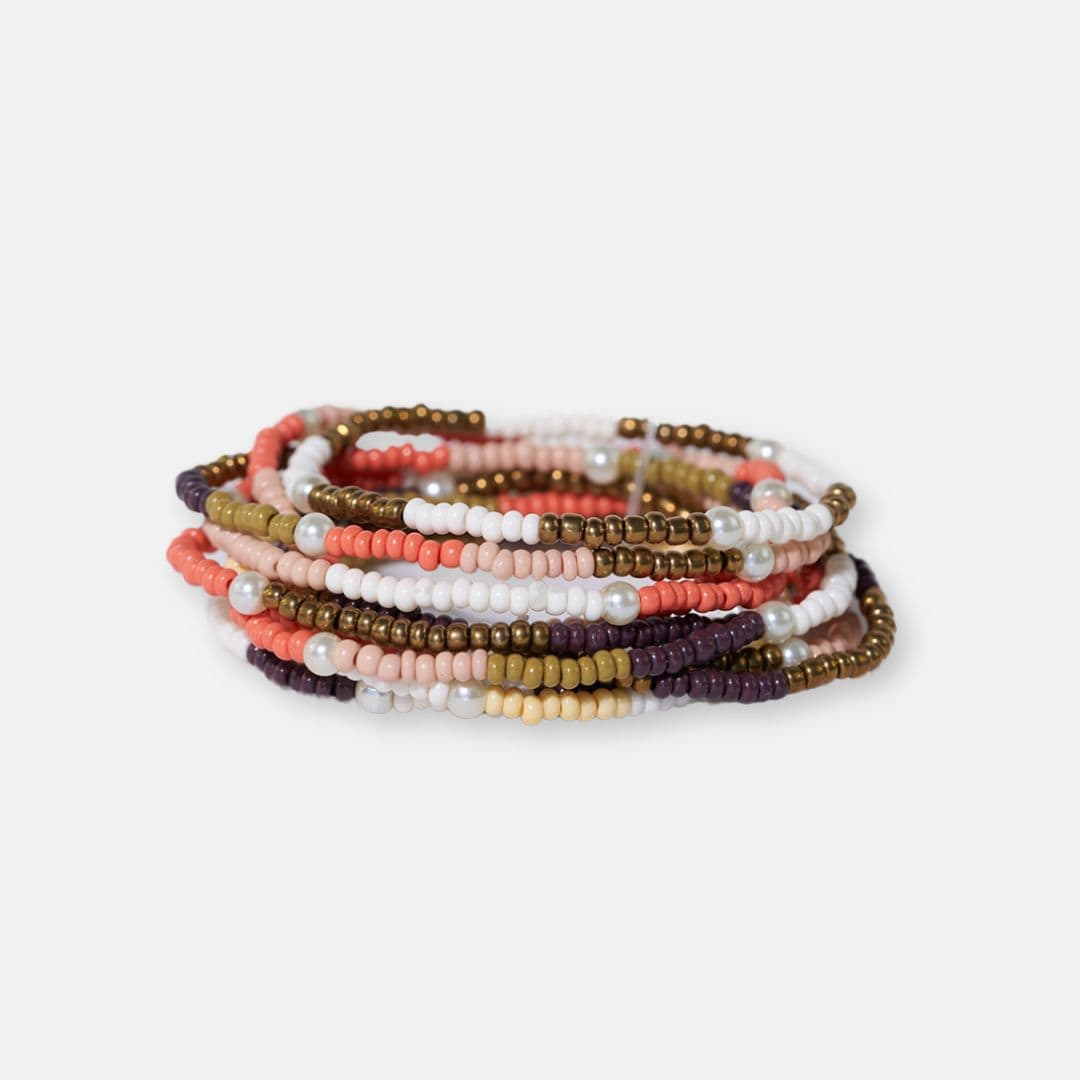 Sage Mixed Colorblocks With Pearls Beaded 10 Strand Stretch Bracelet Set Jaipur