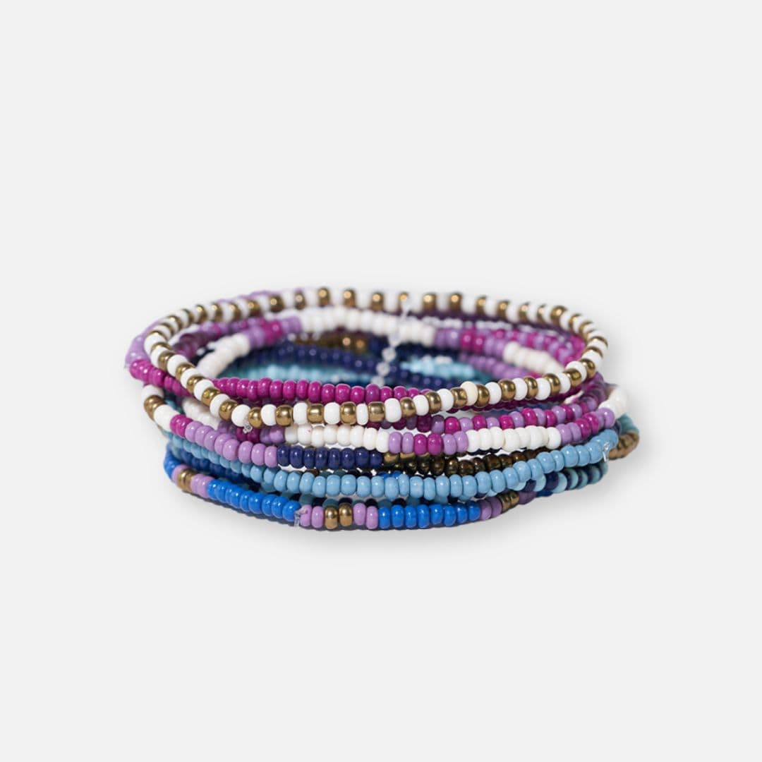 Sage Mixed Stripe Beaded 10 Strand Stretch Bracelet Set Blue + Lavender STRETCH SET