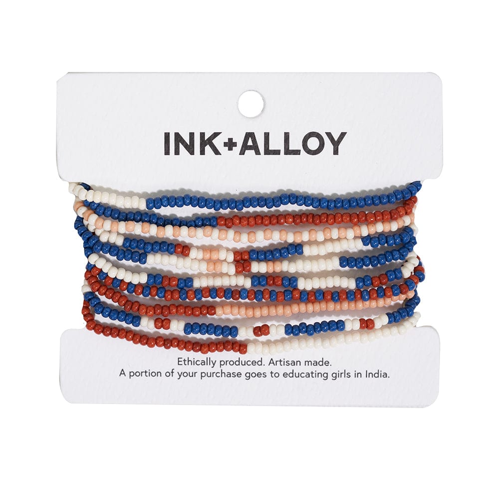 Load image into Gallery viewer, Sage Mixed Stripe Beaded 10 Strand Stretch Bracelet Set Rust + Lapis STRETCH SET
