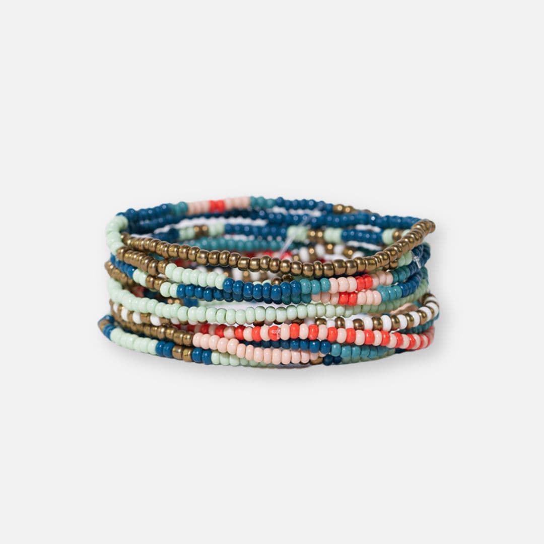 Sage Mixed Stripe Beaded 10 Strand Stretch Bracelet Set Teal + Poppy STRETCH SET