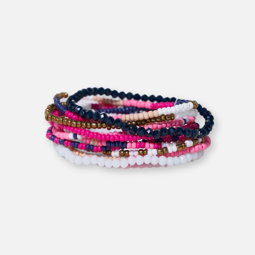 Sage Mixed Stripe Beaded 10 Strand Stretch Bracelets Hot Pink Bracelet