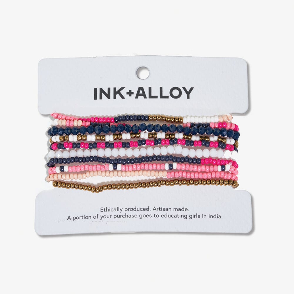 Sage Mixed Stripe Beaded 10 Strand Stretch Bracelets Hot Pink