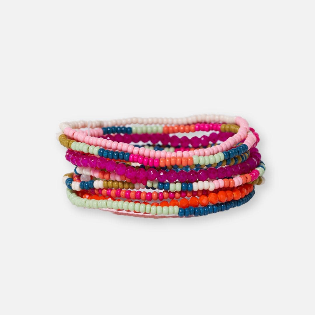 Sage Mixed Stripe Beaded 10 Strand Stretch Bracelets Rainbow Bracelet