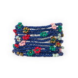 Sage Multi-Color Flower Beaded 10 Strand Stretch Bracelet Navy Stack