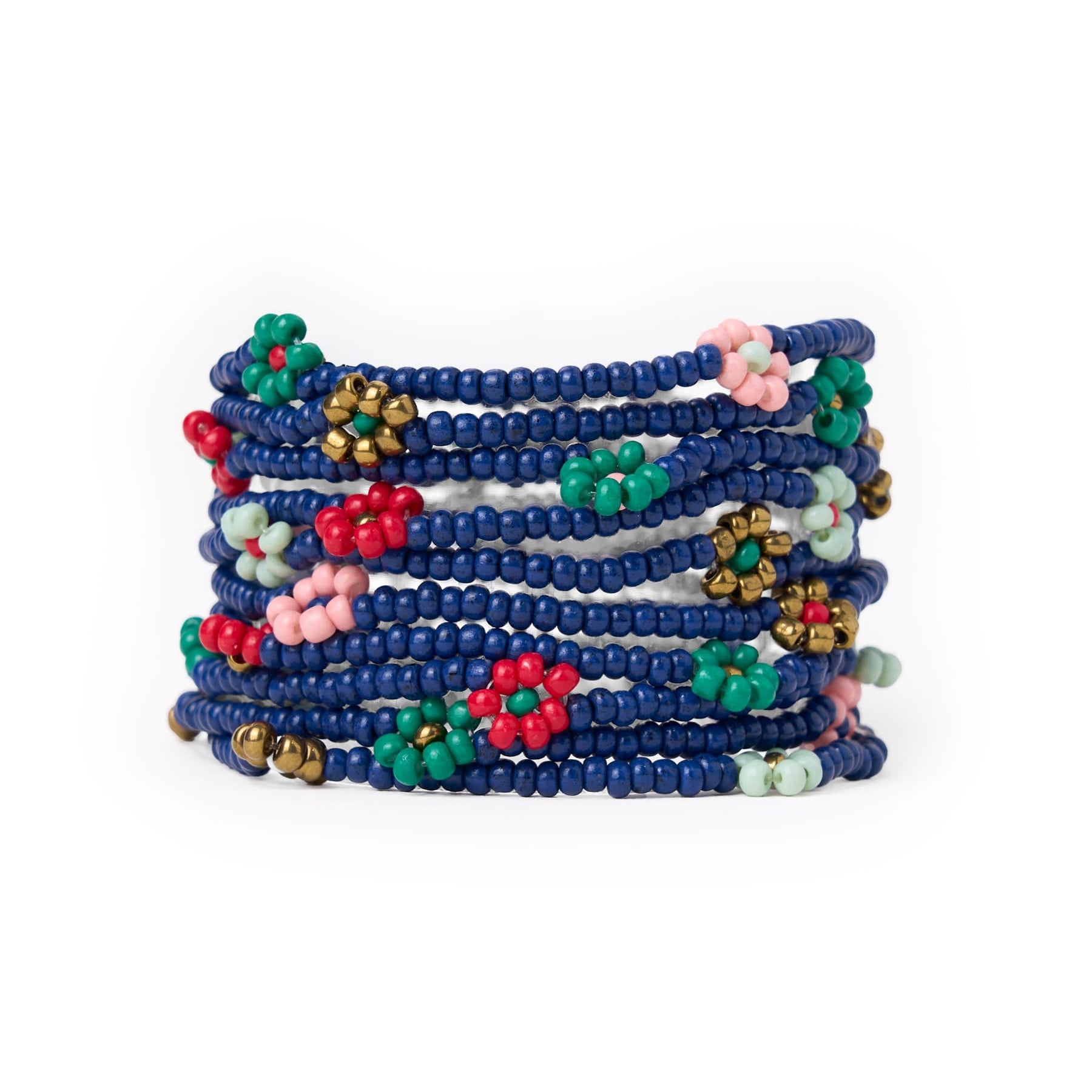 Sage Multi-Color Flower Beaded 10 Strand Stretch Bracelet Navy Stack