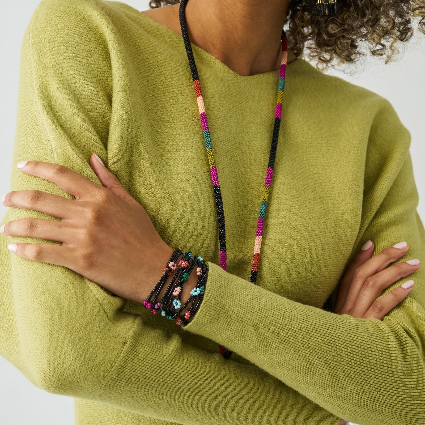 Sage Multi-Color Flower Beaded 10 Strand Stretch Bracelets Black Stack
