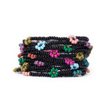 Sage Multi-Color Flower Beaded 10 Strand Stretch Bracelets Black Stack